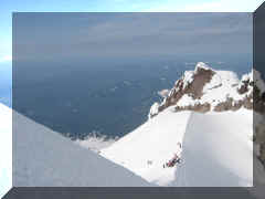 Lest anyone think we had a secluded hike. There were maybe 100 people climbing. This is a view from the Pearly gates, just below the summit looking at Crater Rock. Mt. Jefferson is on the left. 